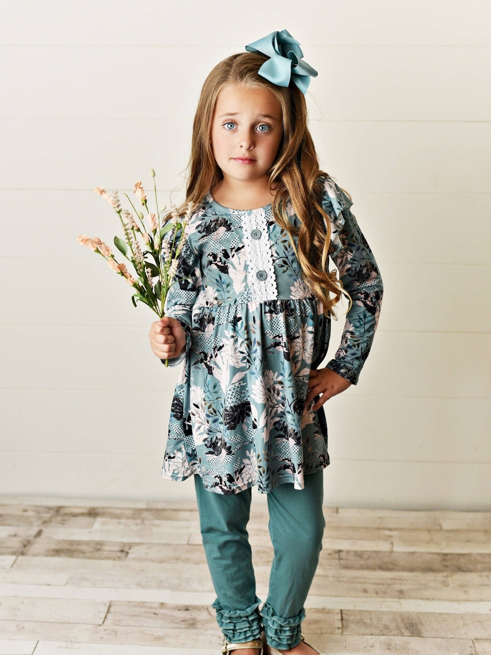 Girls Sage Floral Tunic Set with Lace Detail And Ruffle Leggings
